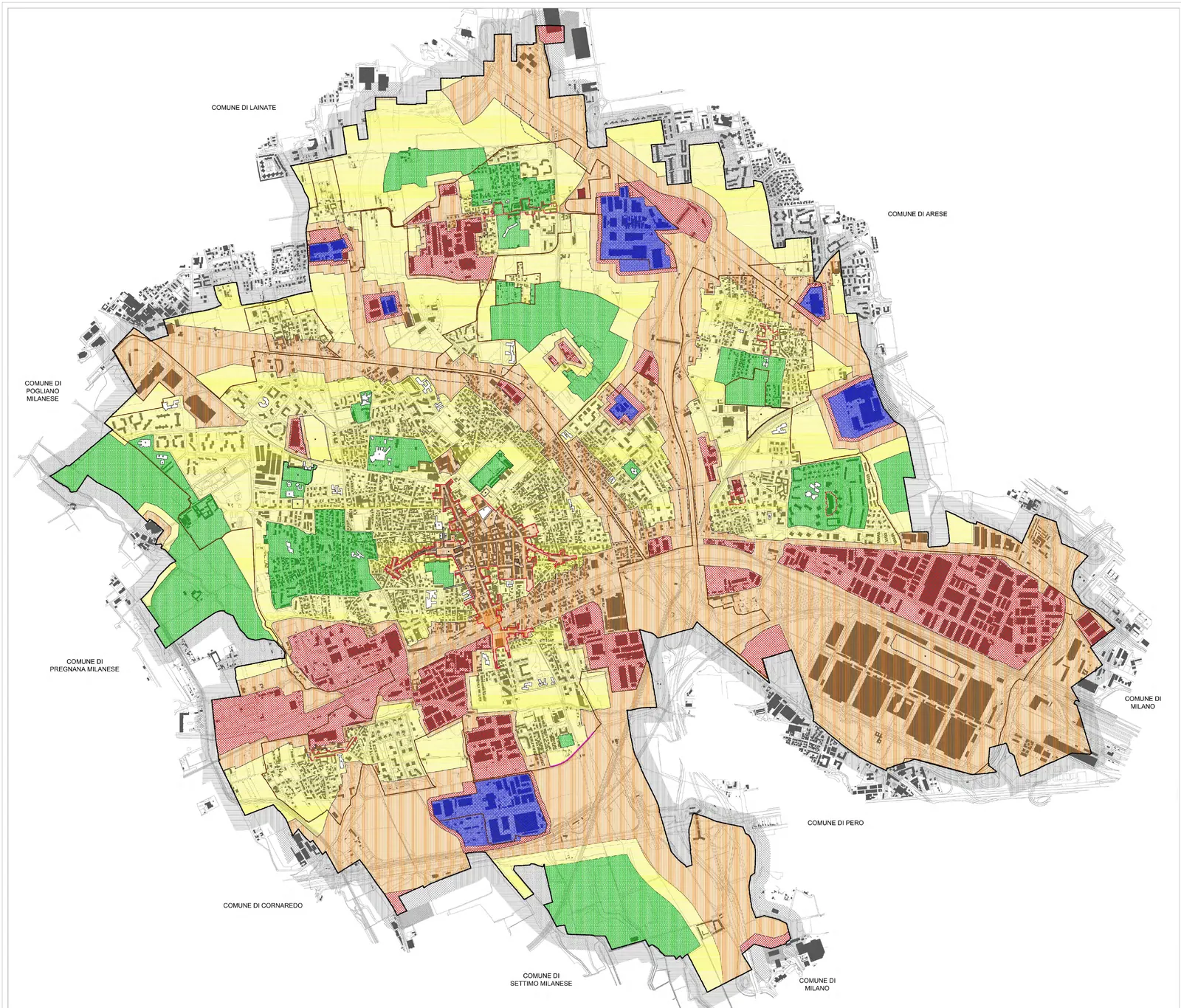 Mappa del territorio comunale di Rho con le aree colorate secondo le sei classi acustiche; il centro storico, i quartieri residenziali, le zone industriali e le grandi infrastrutture hanno colori diversi